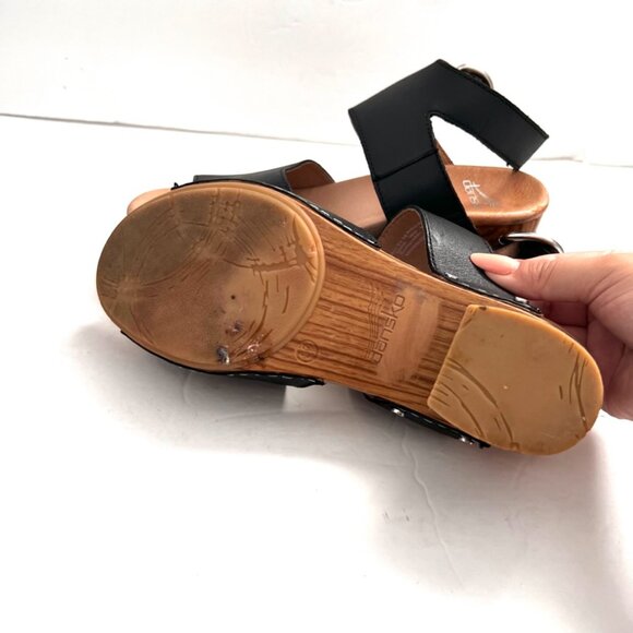 Dansko Minka Sandals Block Heel Ankle Strap Black Leather Clog - Picture 8 of 9